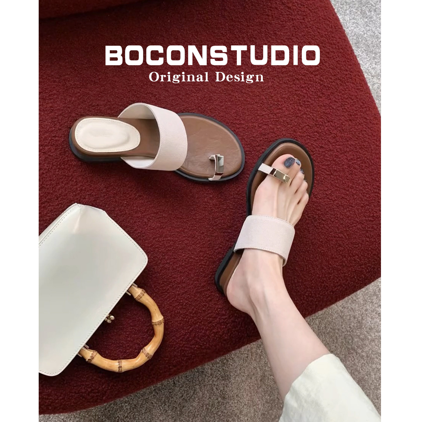 增高4cm~法式夹趾拖鞋女夏外穿坡跟套趾真皮凉拖圆头一字拖凉鞋子