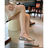 银色后空包头半拖鞋 女夏外穿穆勒鞋 单鞋 羊皮版 内增高玛丽珍凉鞋