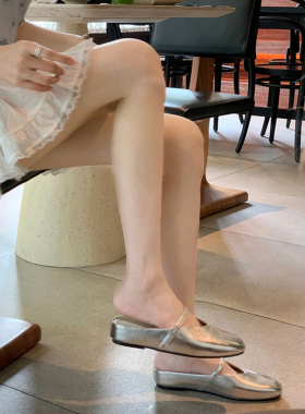 羊皮版~银色后空包头半拖鞋女夏外穿穆勒鞋单鞋内增高玛丽珍凉鞋