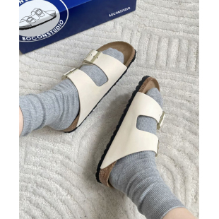 限时88 女式 白色勃肯鞋 真皮博肯鞋 一字带凉拖鞋 女夏外穿半拖鞋