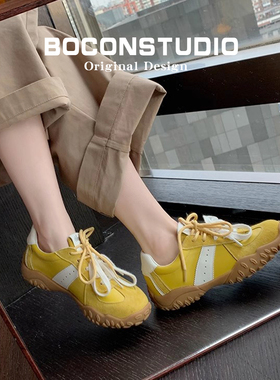 7cm内增高~真皮德训鞋女2026新款系带运动老爹鞋厚底黄色阿甘鞋子