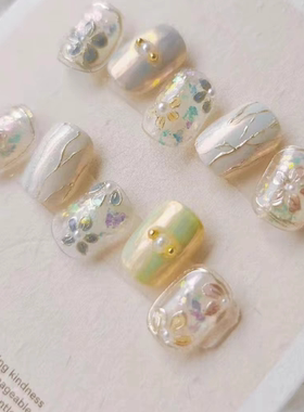 纯手工穿戴甲短款掐丝珐琅立体手绘幸运花指甲贴公主风气质显白