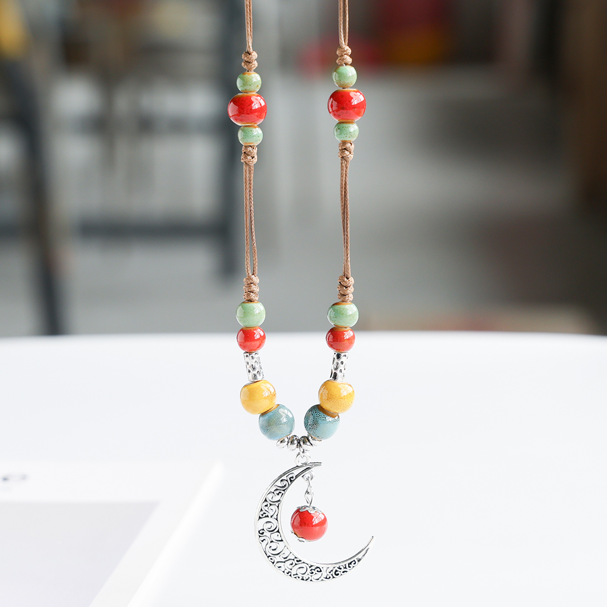 民族风陶瓷项链景德镇瓷珠编织毛衣链古风旗袍汉服配饰吊坠锁骨链