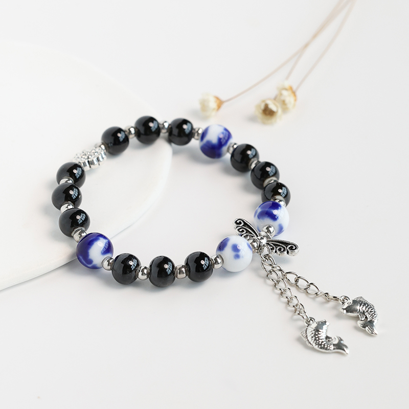 民族风景德镇陶瓷手链手串女瓷珠串珠情侣小饰品锦鲤蝴蝶流苏手绳