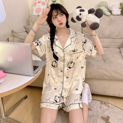 高级感熊猫冰丝睡衣女夏季薄款短袖2024年新款卡通可爱家居服套装