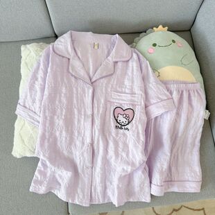 纯棉纱布睡衣女款2026新款夏季短袖学生甜美可爱KT猫家居服套装夏