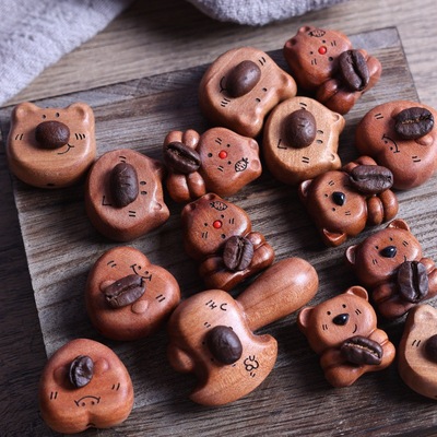 小熊咖啡豆爱心配饰枣木配件珠DIY文玩饰品配件表情小鱼手串搭配
