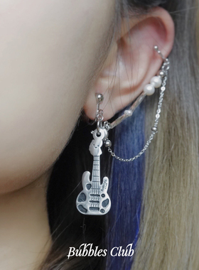 Bubbles Club乐器乐园奶牛电吉他耳挂耳钉淡水珍珠摇滚音乐节原创