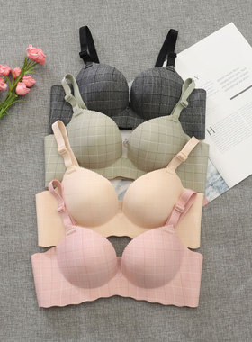 包邮 无痕网红 方格 B杯厚 C杯薄 无钢圈 可拆卸双肩带 格子文胸