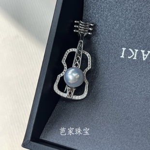 芭家 加州吉他 银蓝真多麻日本akoya海水珍珠925纯银提琴胸针吊坠