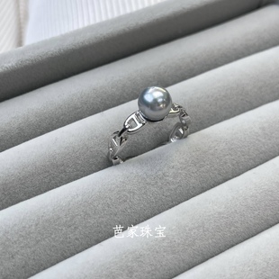 芭家珠宝 真多麻日本akoya海水珍珠925纯银开口戒指可调节 猪鼻子