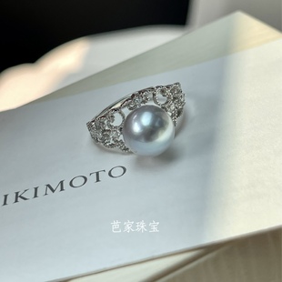 芭家珠宝 真多麻色日本akoya海水珍珠925纯银戒指 复古蕾丝