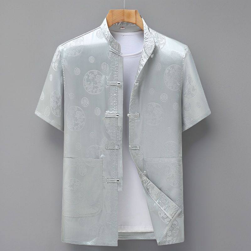 男士夏季中老年人冰丝短袖上衣爸爸薄款衬衫宽松国风唐装爷爷衬衣,男装,中山装,淘宝优惠券,粉丝福利购,淘宝优惠卷
