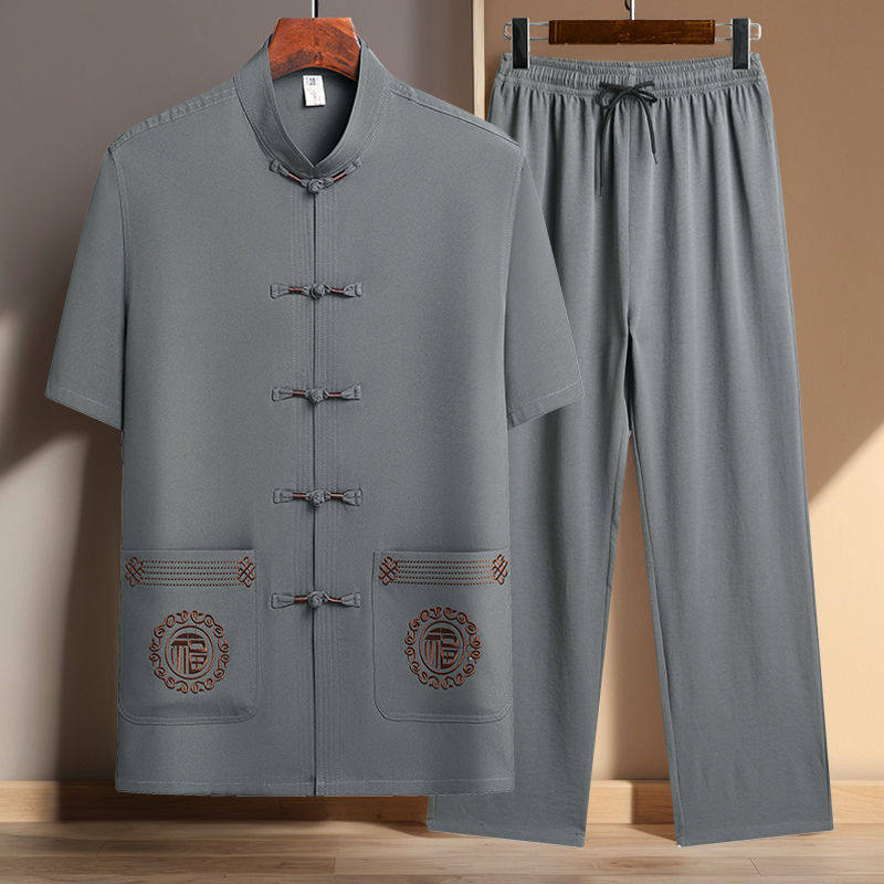 中老年唐装男士短袖套装爸爸夏装冰丝爷爷夏季太极服老人衣服汉服,男装,中山装,淘宝优惠券,粉丝福利购,淘宝优惠卷