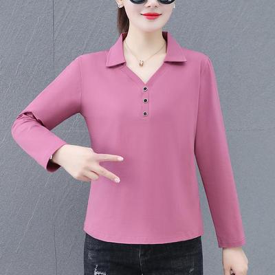 纯棉长袖polo领t恤女士春秋2025新款休闲中年妈妈翻领体恤衫上衣T