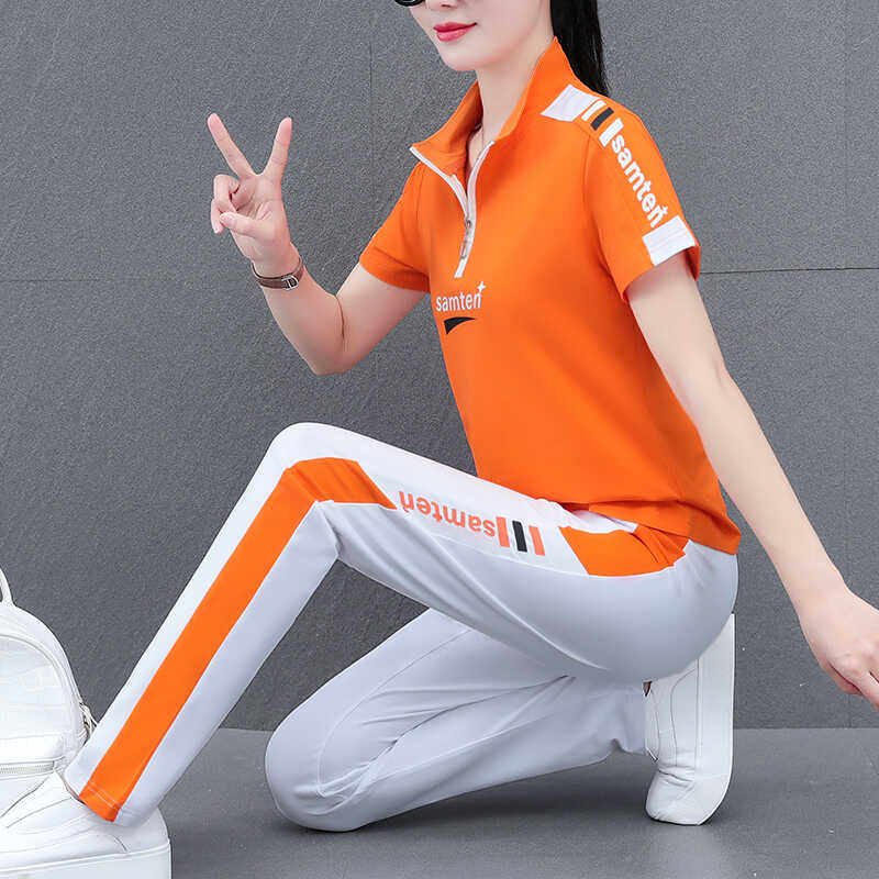 广场舞服夏季新款时尚半拉连立领短袖长裤两件套跑步休闲旅游团购
