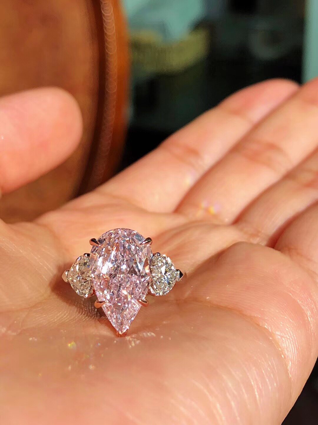 『玥翠』(sold)收藏级别 5克拉天然flpp淡彩紫粉水滴粉钻戒指 gia