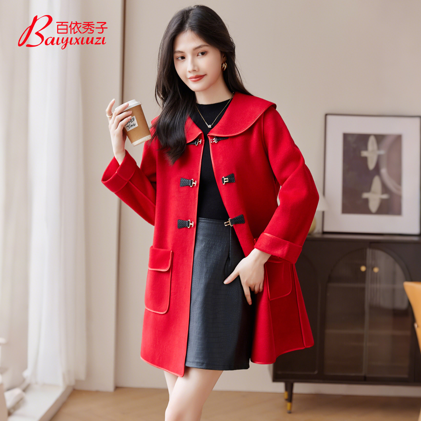 纯色休闲百搭翻领双面呢外套大衣