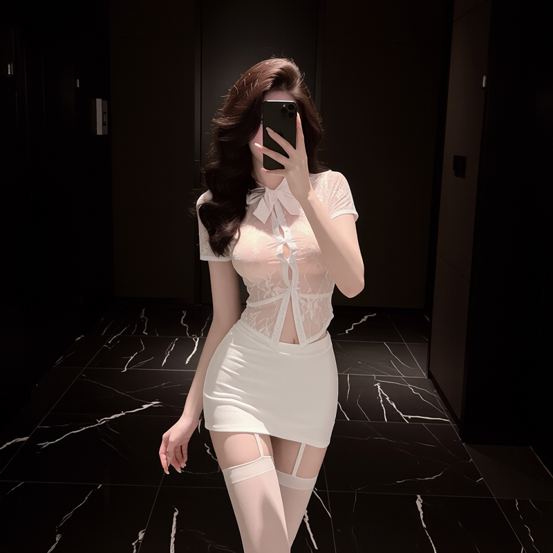 白色透视蕾丝短袖衬衫包臀裙套装女御姐OL秘书性感家居服情调诱惑