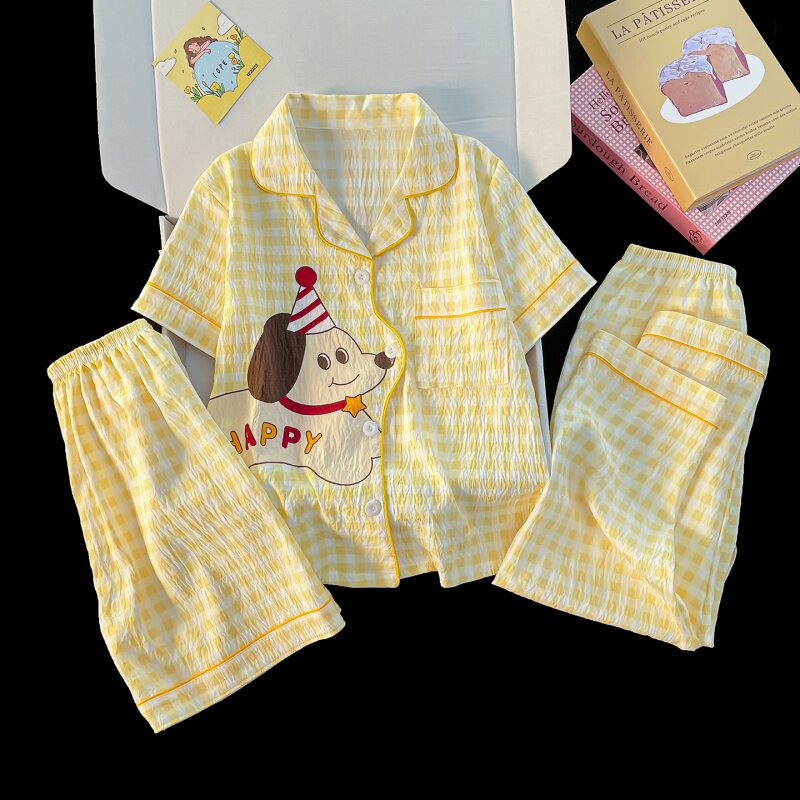 女童睡衣夏季新款云朵棉短袖三件套黄小狗空调服6-12岁家居服套装