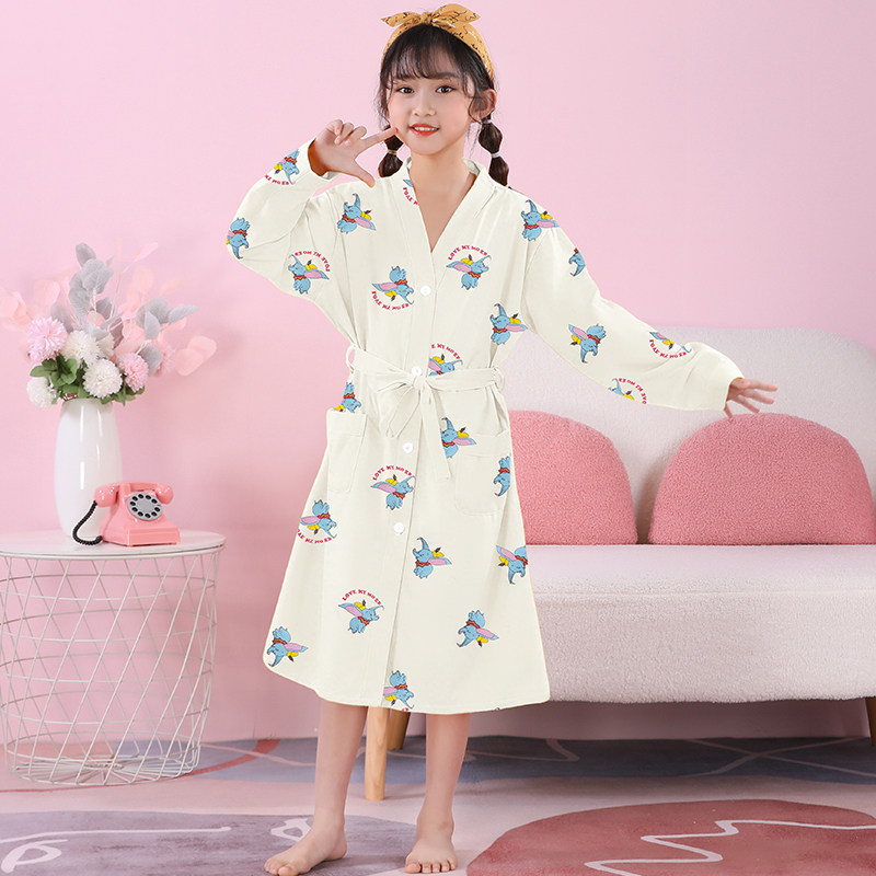 女童睡袍长袖春秋夏款精梳棉儿童浴袍睡衣可爱开衫女中大童家居服