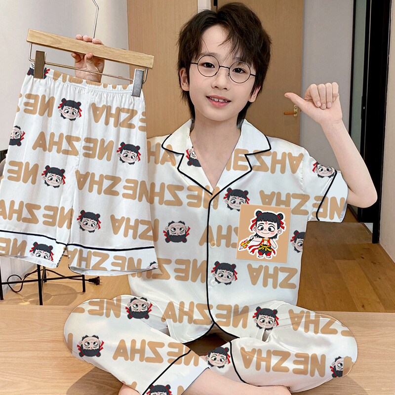 夏季冰丝男童睡衣凉感短袖家居服卡通哪吒6-12岁中大童三件套套装