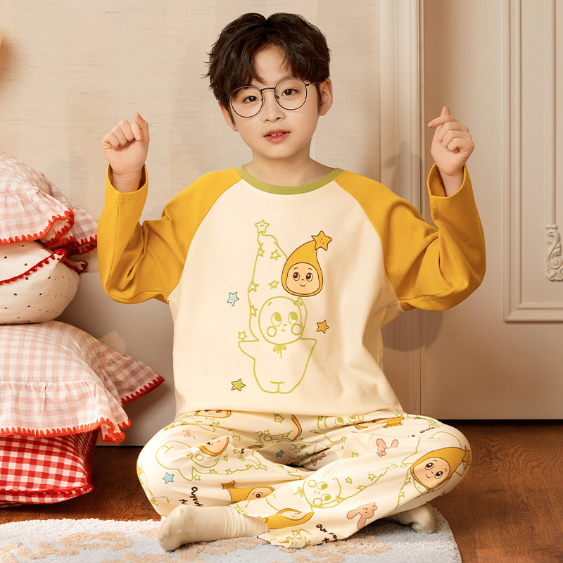 星星人纯棉男童家居服套装圆领春秋季新款男孩长袖套头中大童睡衣