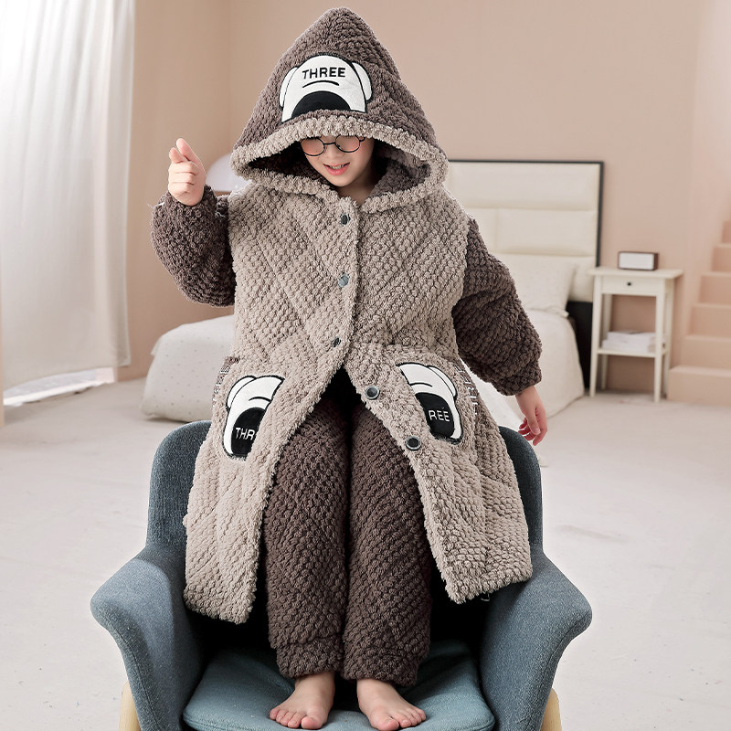 冬季儿童睡衣三层夹棉加厚儿童珊瑚绒可外穿男童中长款家居服睡袍