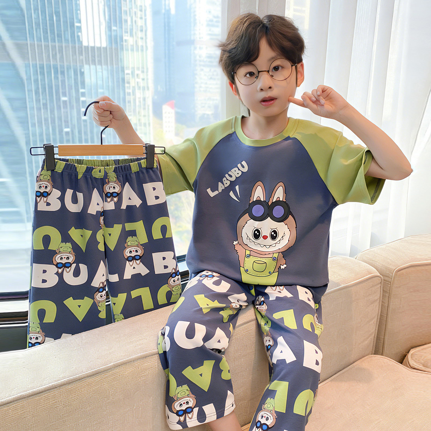 儿童新款睡衣夏季款男童短袖纯棉薄款三件套可爱中大童家居服套装