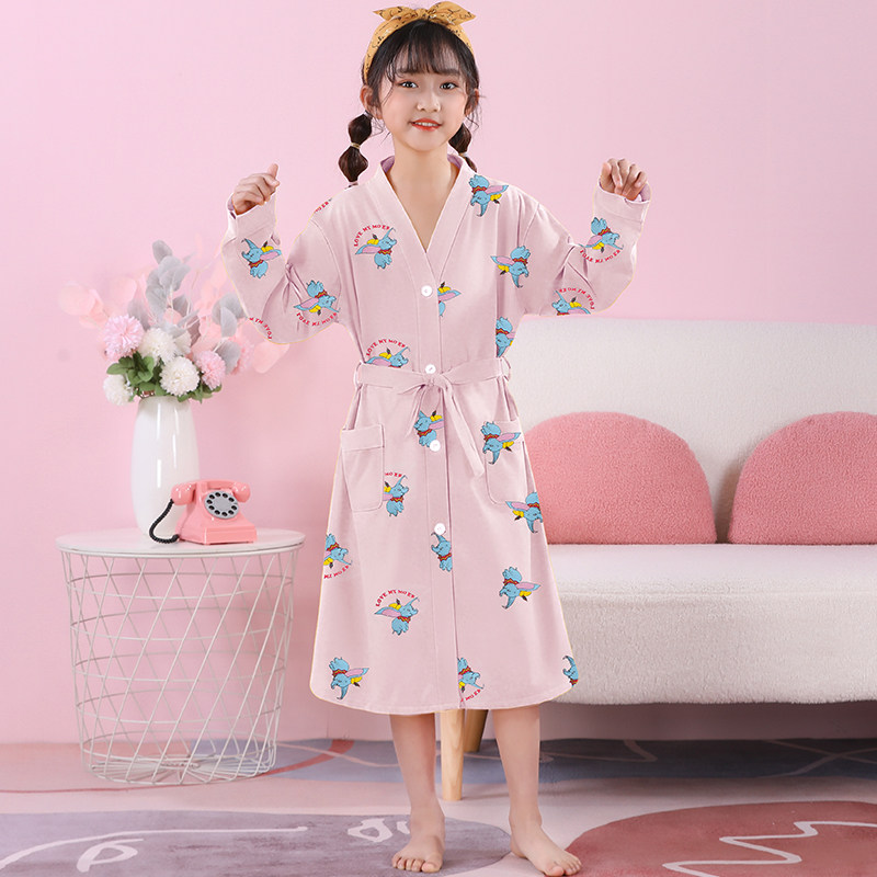 女童睡袍长袖春秋夏款精梳棉儿童浴袍薄款睡衣可爱女中大童家居服