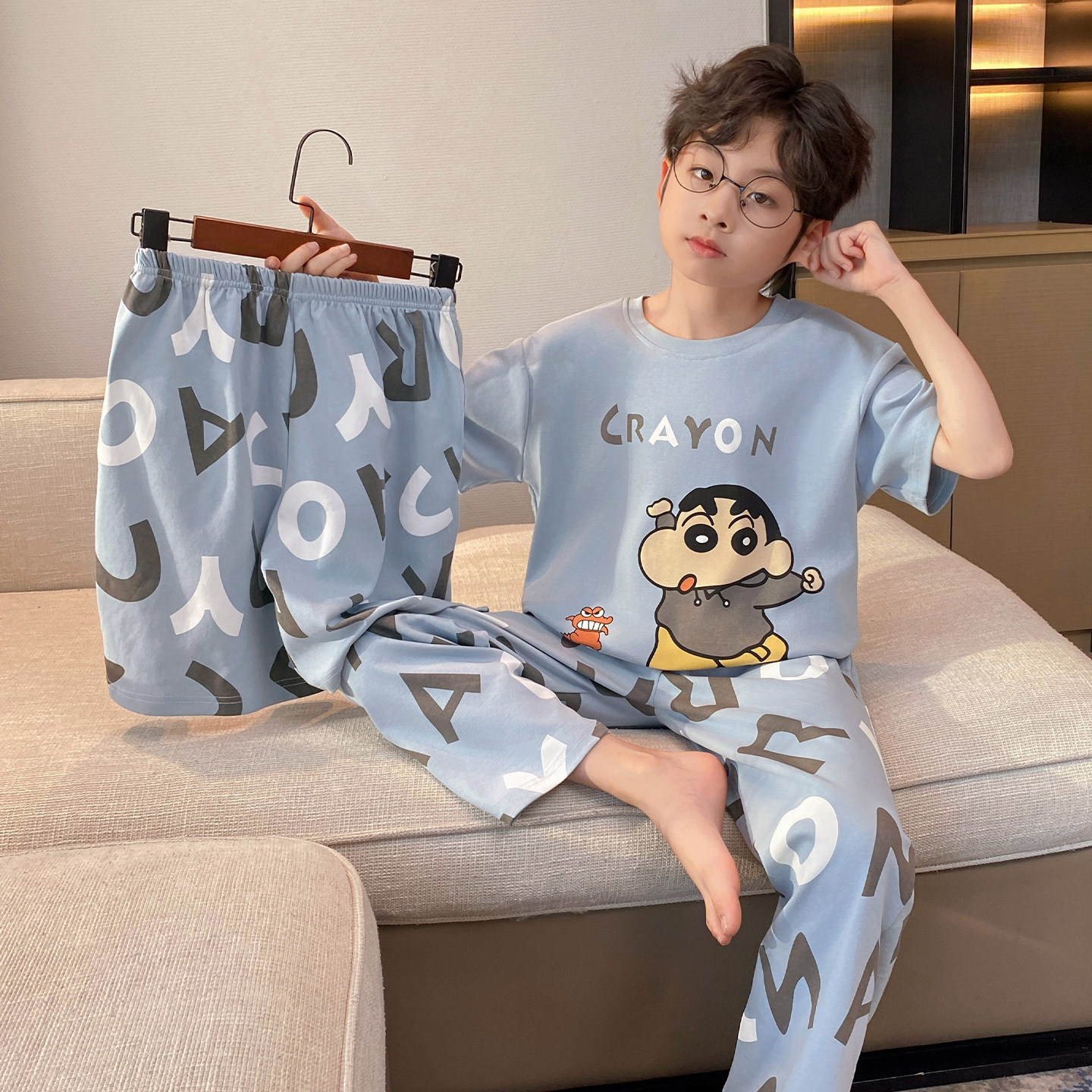 儿童新款睡衣夏季款男童短袖小新纯棉薄款三件套中大童家居服套装