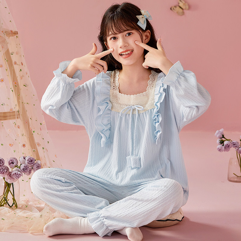 2026春秋季女童睡衣宫廷风纯棉新款长袖中大童女孩公主家居服套装