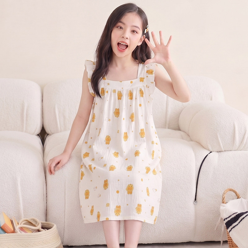 女童夏季新款云朵棉卡通可爱款带胸垫女孩睡衣中大童家居服中长裙