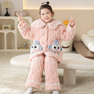 女童睡衣三层夹棉加厚冬季保暖珊瑚绒女孩中大童家居服套装可外穿