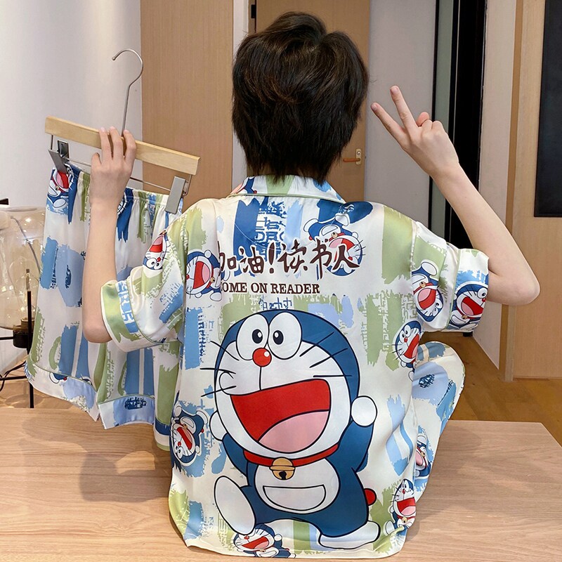 夏季冰丝男童睡衣凉感短袖儿童空调服男孩叮当猫三件套家居服套装