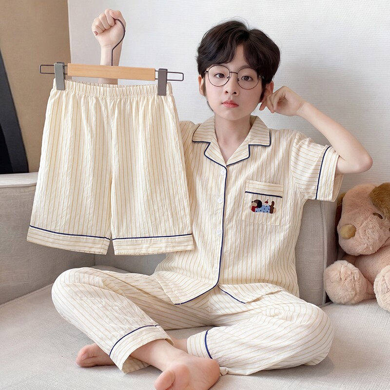 儿童睡衣2026夏季新款男童短袖三件套家居服中大童云朵棉卡通套装