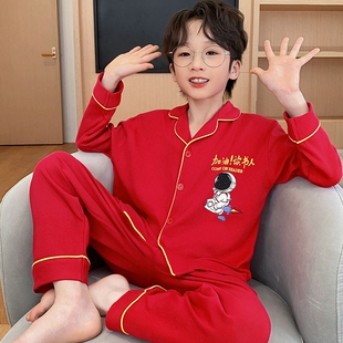 大红色新款男童睡衣春秋季纯棉长袖男孩太空人儿童套装翻领家居服