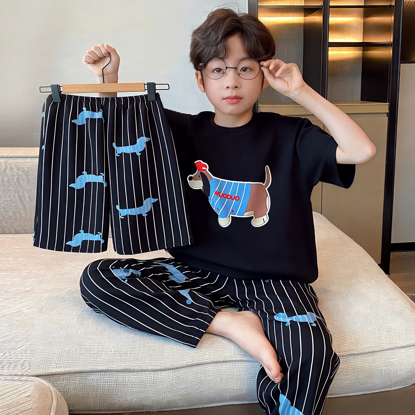 儿童新款睡衣夏天男童短袖纯棉薄款腊肠狗三件套中大童家居服套装