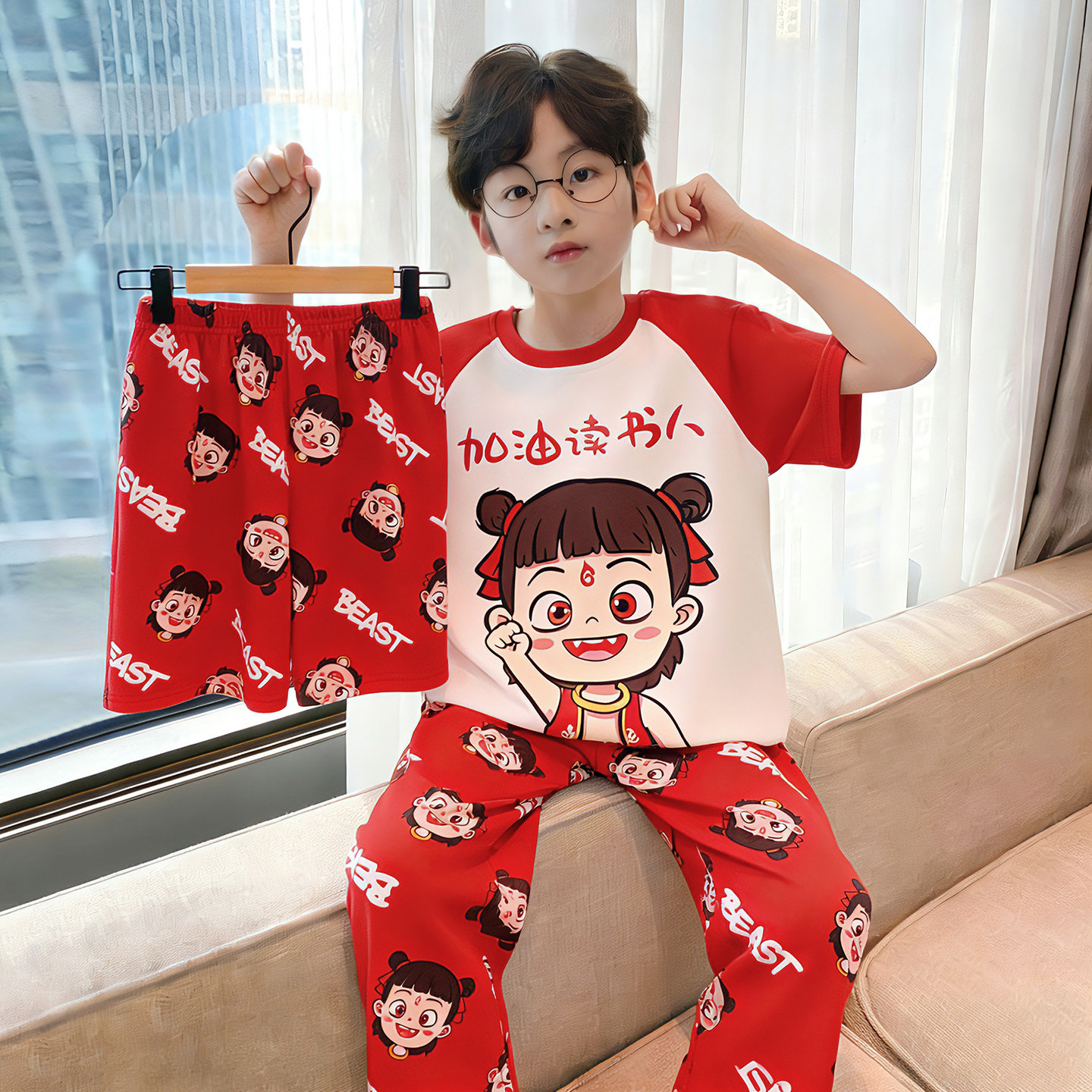 儿童新款睡衣夏天男童短袖纯棉薄款哪吒三件套小中大童家居服套装