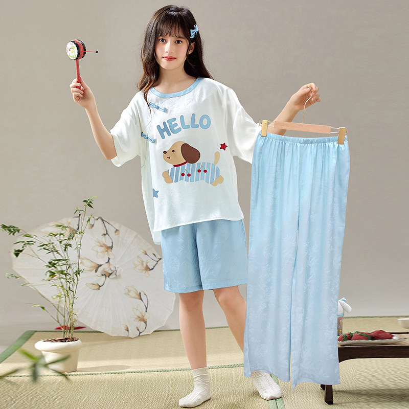 2026儿童国风睡衣女童夏季短袖三件套缎面丝绸空调服中大童家居服