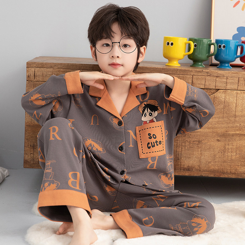 男童睡衣2026春秋新款纯棉中大童男孩翻领开衫长袖路飞家居服套装
