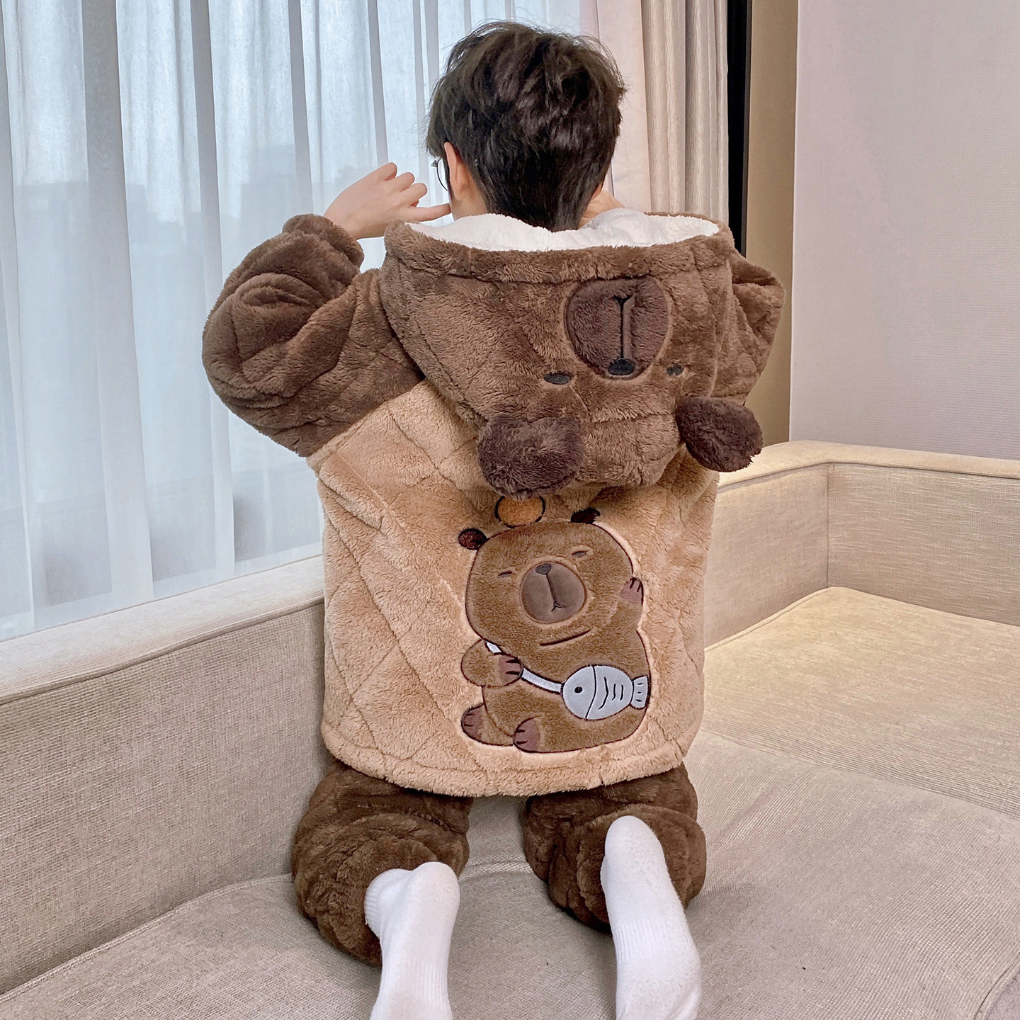 男童睡衣套装三层夹棉加厚冬季珊瑚绒男孩中长款家居服可外穿睡袍