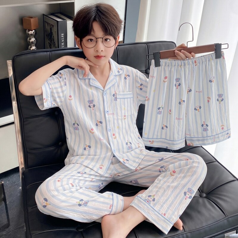 男童睡衣夏季云朵棉短袖翻领三件套空调服中大童卡通款套装家居服
