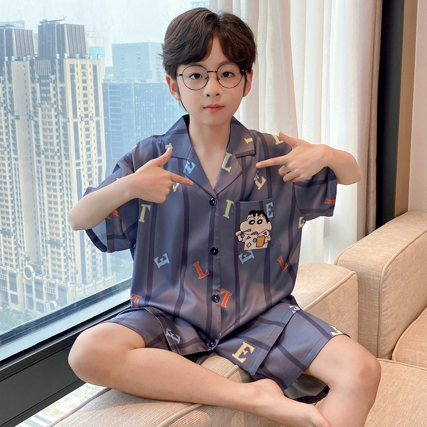 儿童冰丝睡衣2026新款男童夏季空调服短袖中大童卡通款家居服套装