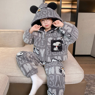男童睡衣三层夹棉加厚新款珊瑚绒男孩中大童家居服套装可外穿冬季