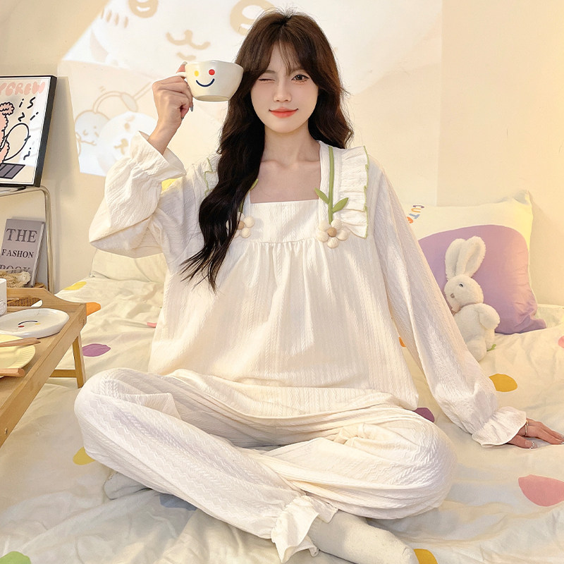 宫廷风女孩春秋季新款睡衣2026杏色女童纯棉长袖初中生家居服套装