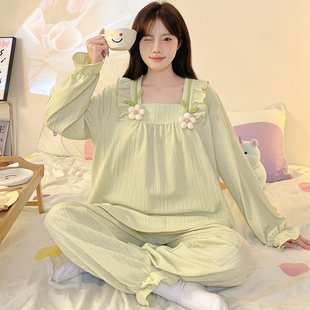 女童睡衣宫廷风女孩春秋季新款2026纯棉长袖绿色初中生家居服套装