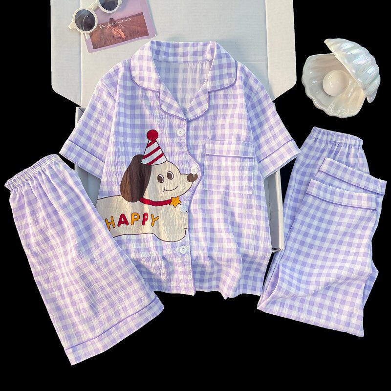 女童睡衣夏季新款云朵棉短袖三件套紫小狗空调服中大童家居服套装