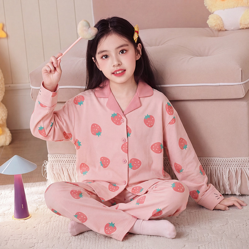 儿童睡衣春秋新款女童精梳棉中大童长袖开衫套装卡通款女孩家居服