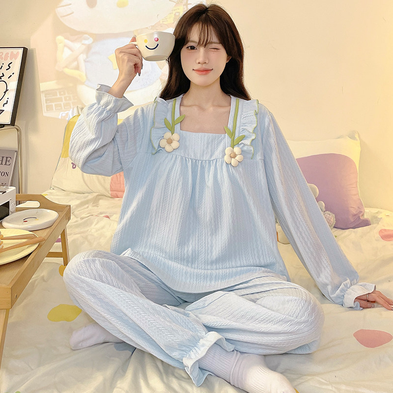 2026女童睡衣宫廷风女孩春秋季新款纯棉蓝花长袖初中生家居服套装